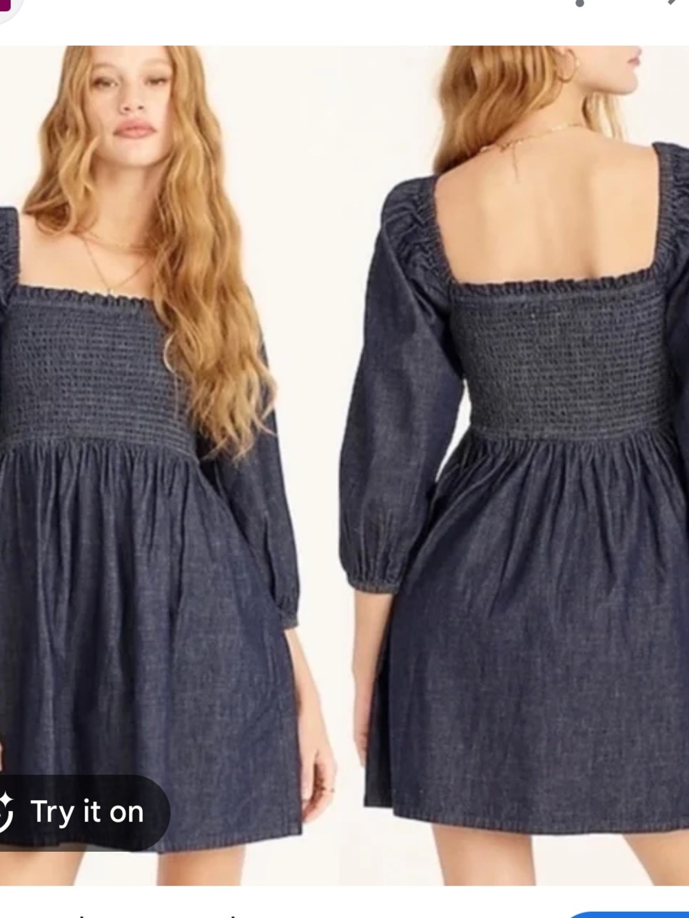 J. Crew NEW Smocked long sleeve dark Denim mini Dress